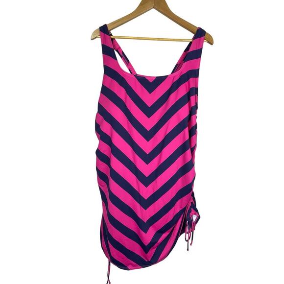 Lands’ End Plus 22W Swim Dress One-Piece Modest Pink‎ Blue Chevron - Picture 1 of 7